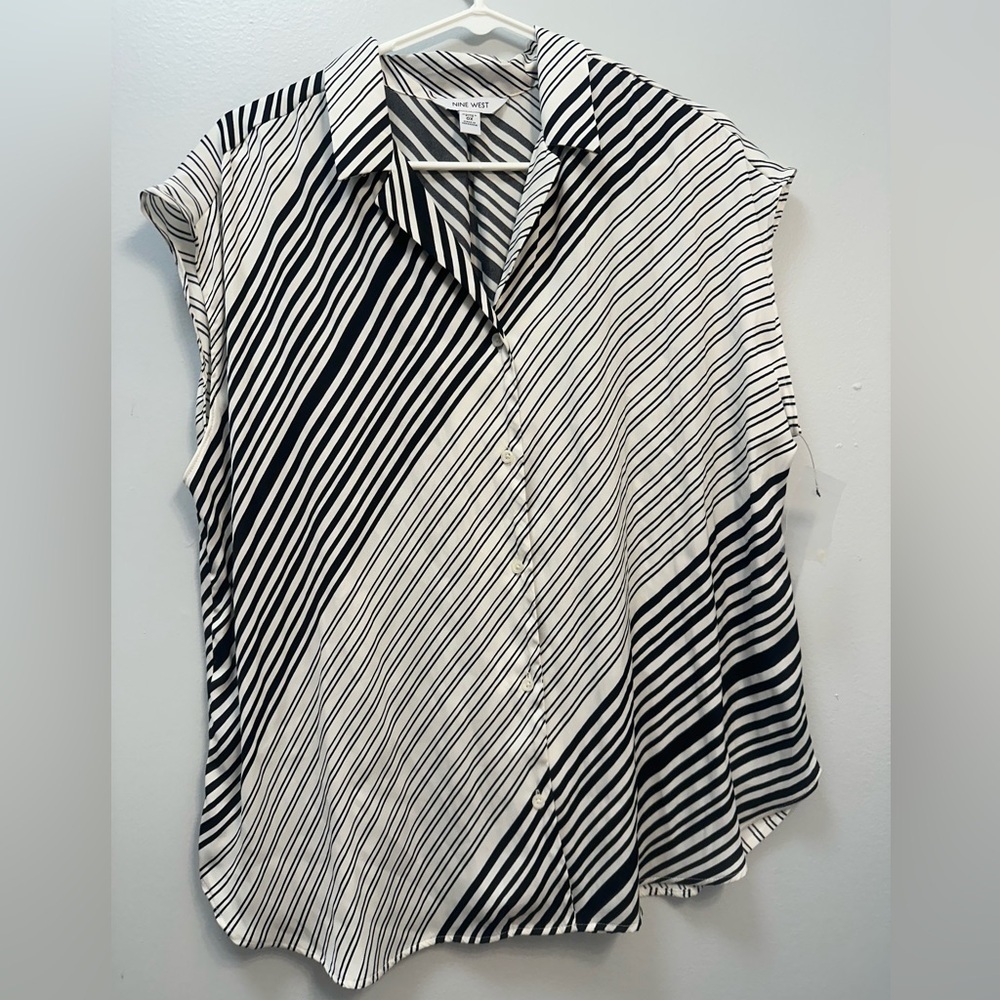 Nine West Black and White Striped Button Down Shirt